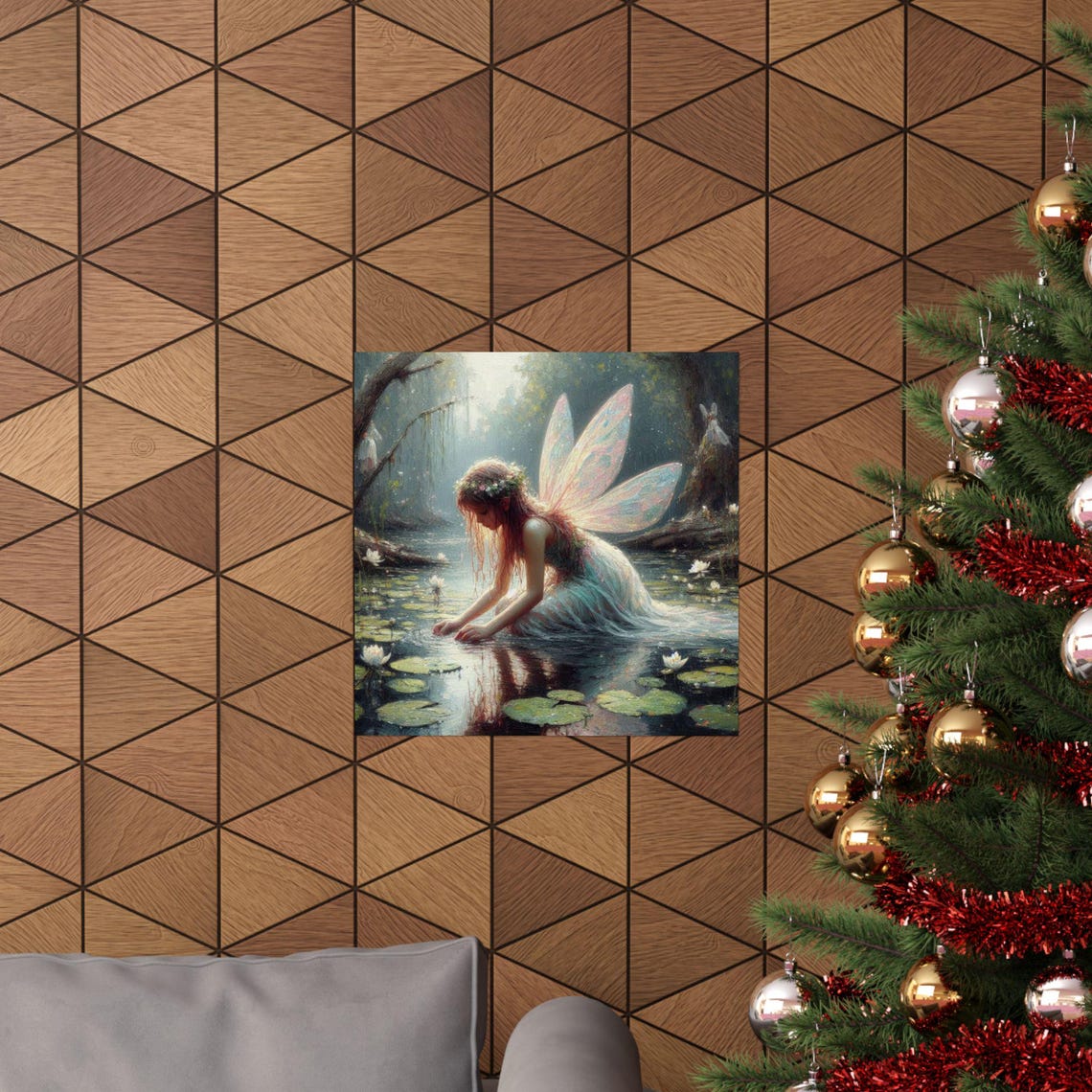 Fairy Kneeling by Lily Pond with Water Reflection Fantasy Poster - Image 6