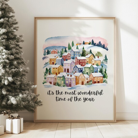 Watercolor Snowy Village Most Wonderful Time of Year Christmas Poster