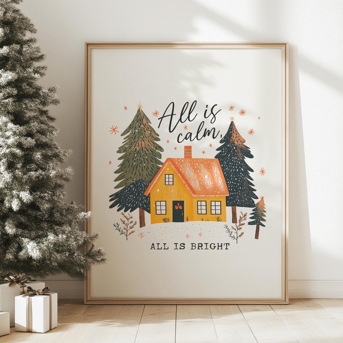 All Is Calm All Is Bright Christmas Wall Art Minimalist Christmas Neutral Christmas Prints Cozy Winter Decor