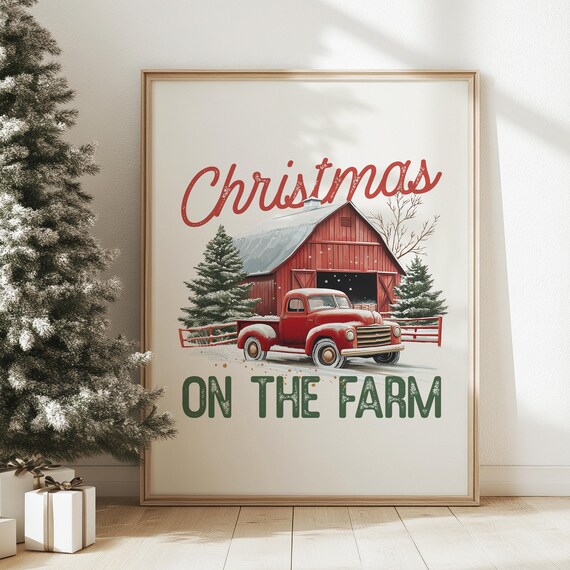 Christmas on the Farm Vintage Red Truck and Barn Snow Poster