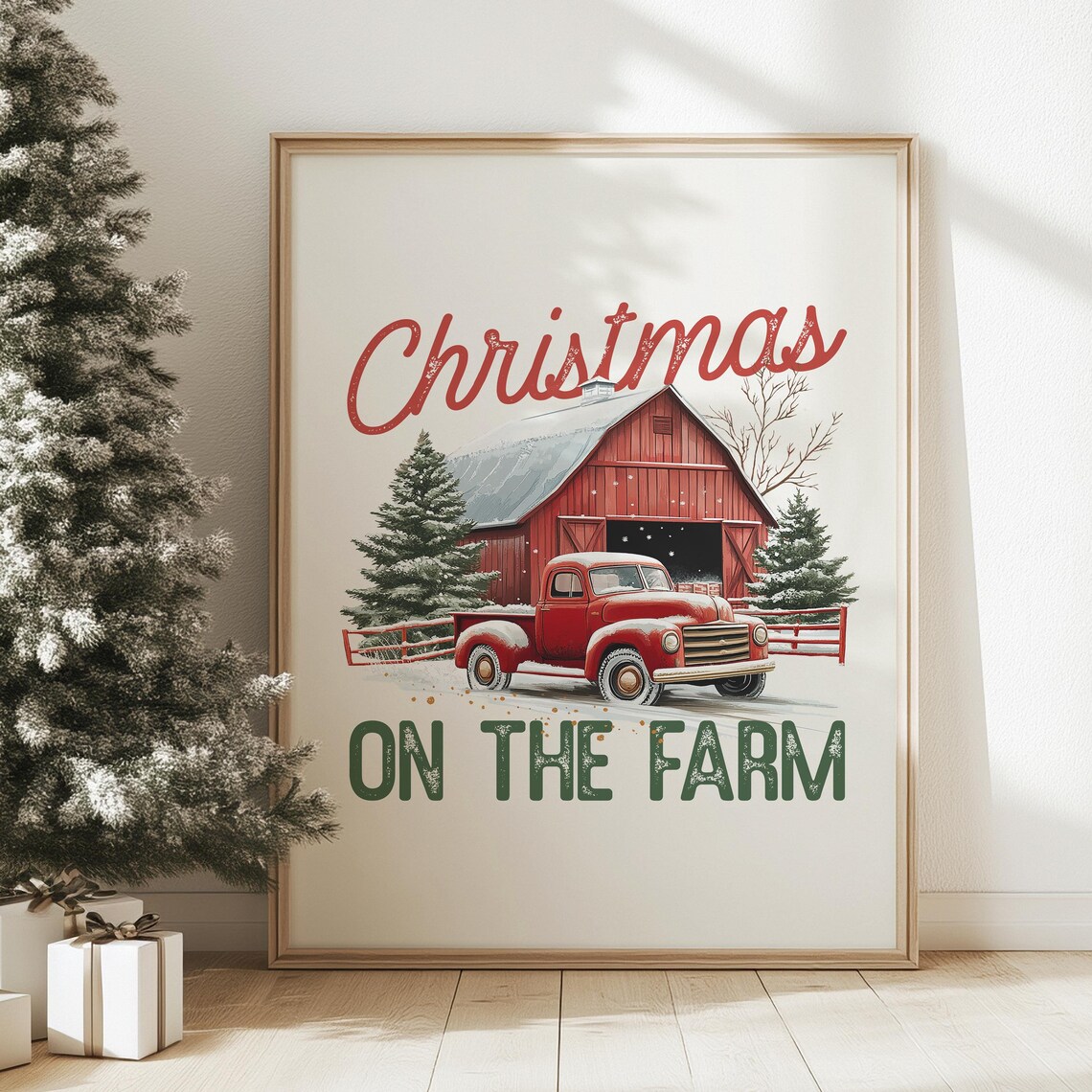 Christmas on the Farm Vintage Red Truck and Barn Snow Poster