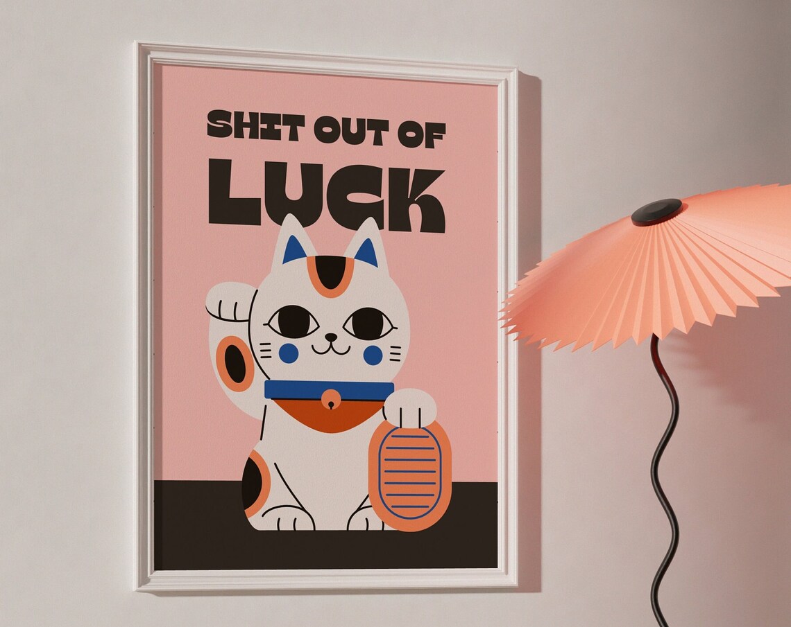 Lucky Cat Maneki Neko Retro Japanese Fortune Quote Wall Poster