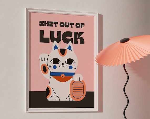 Lucky Cat Maneki Neko Retro Japanese Fortune Quote Wall Poster