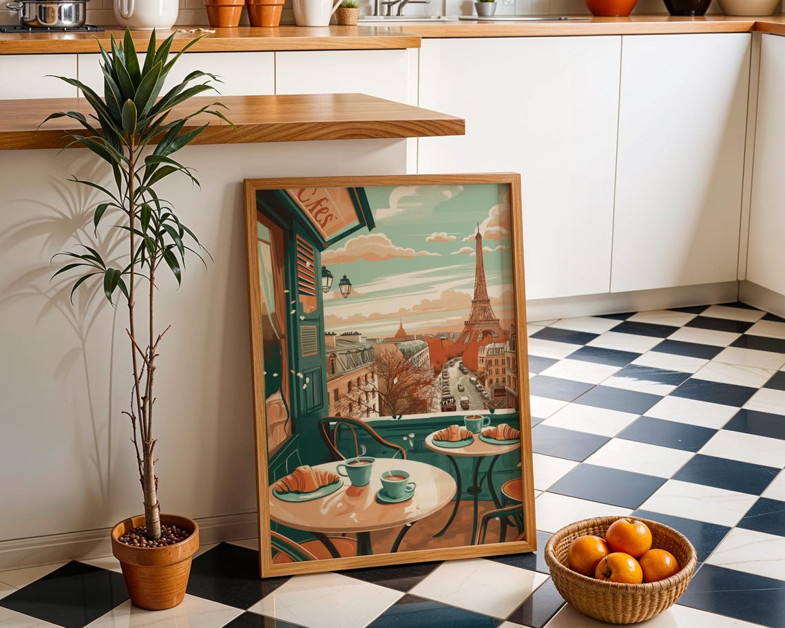Paris Eiffel Tower Café Croissant Coffee Illustration Poster