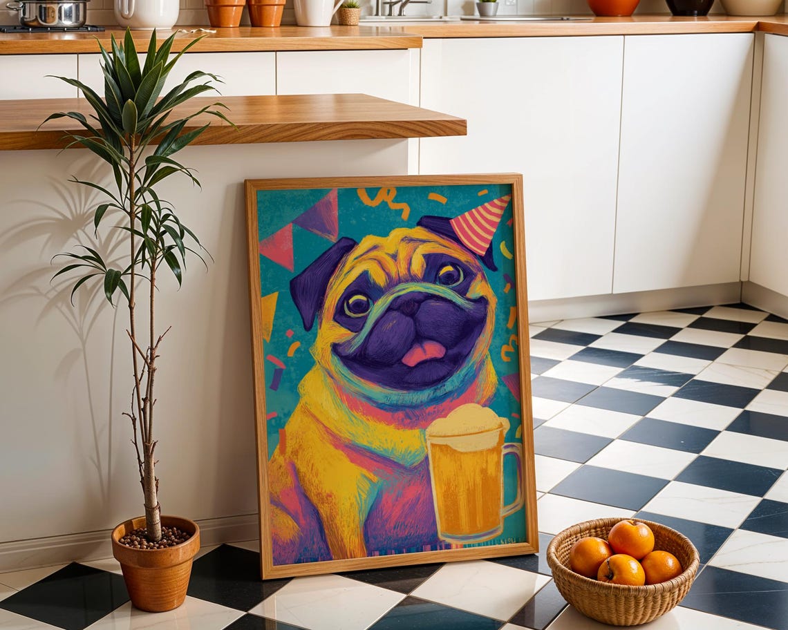Party Pug with Beer Mug Colorful Pop Art Dog Birthday Poster