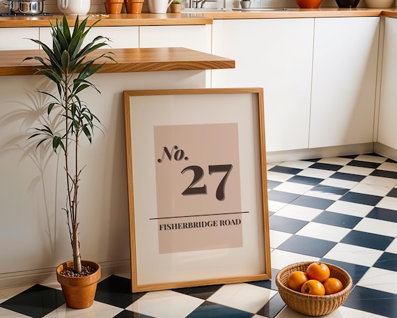 Personalised House Number 27 Fisherbridge Road Beige Home Decor Print