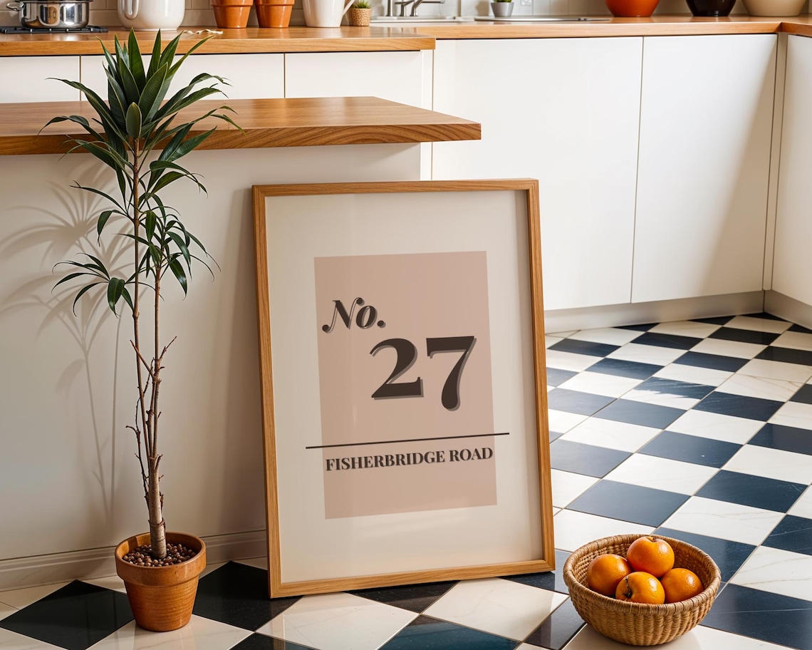 Personalised House Number 27 Fisherbridge Road Beige Home Decor Print