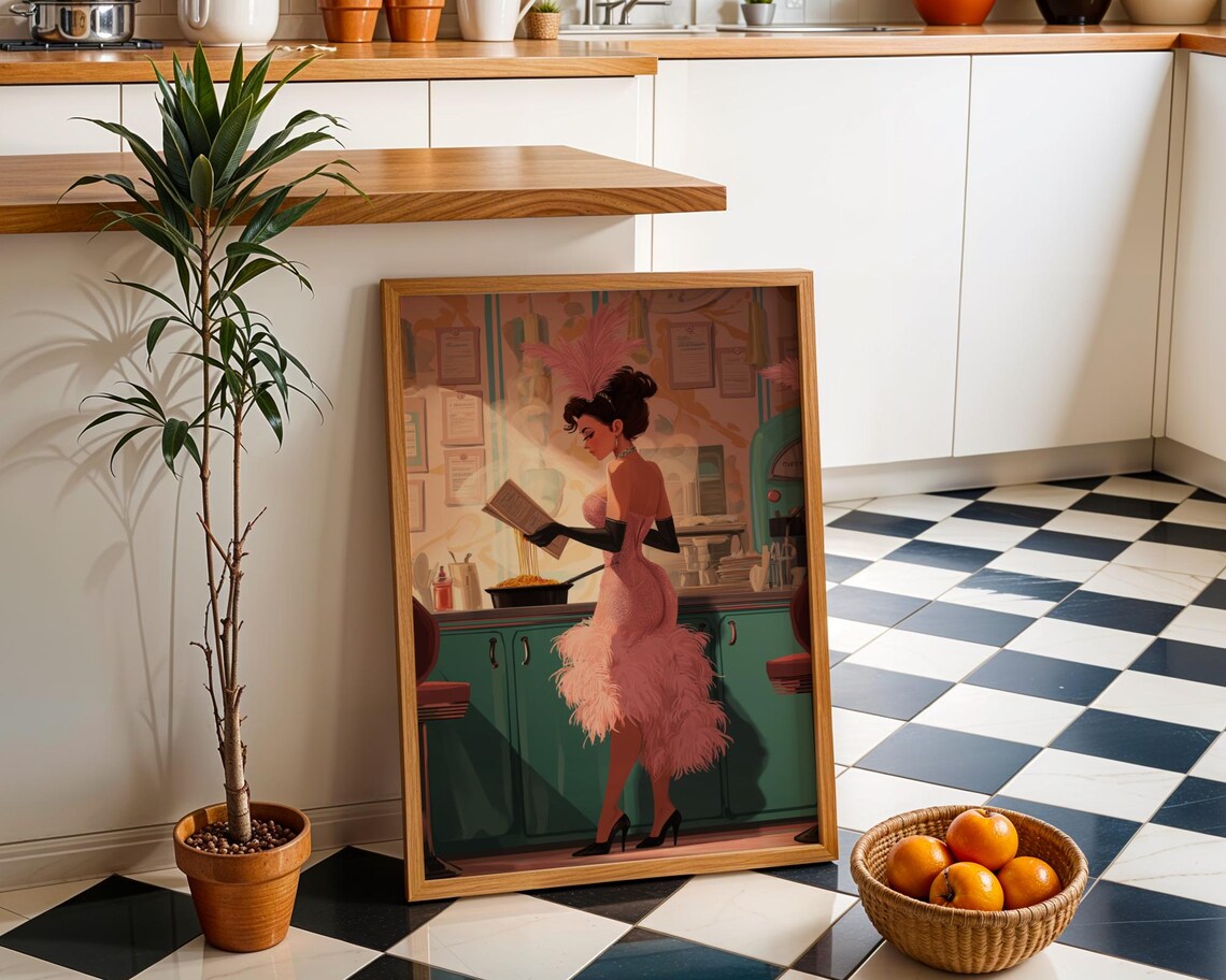 Glamorous Showgirl Cooking Art Print, Retro Kitchen Decor