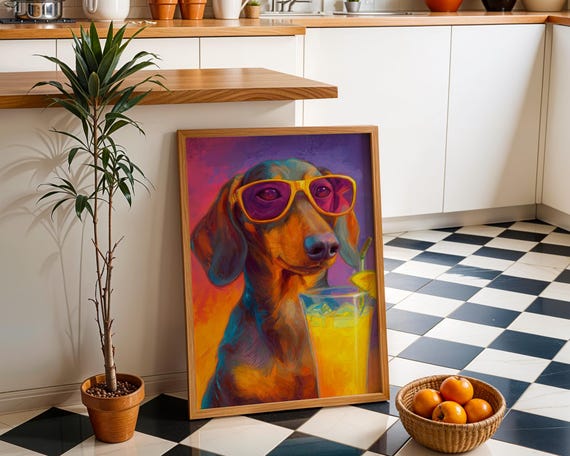 Dachshund Cocktail Art Print Sausage Dog Margarita Wall Colourful Illustration Fun Bar Dcor Lime Drink Artwork