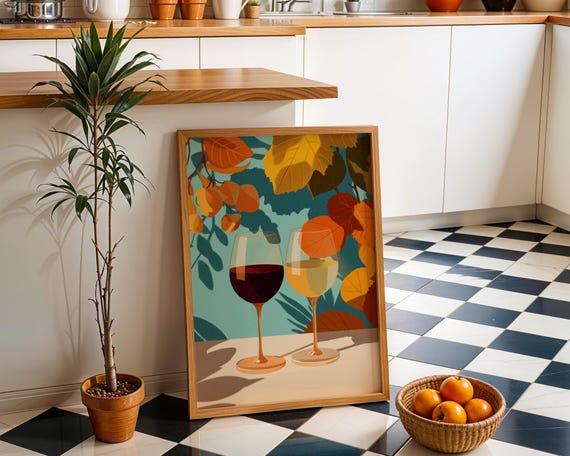 Autumn Wine Bottle Print Rustic Fall Floral Kitchen Wall Art Poster