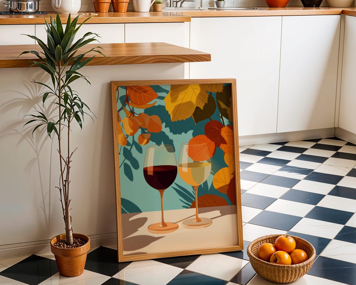 Autumn Wine Bottle Print Rustic Fall Floral Kitchen Wall Art Poster