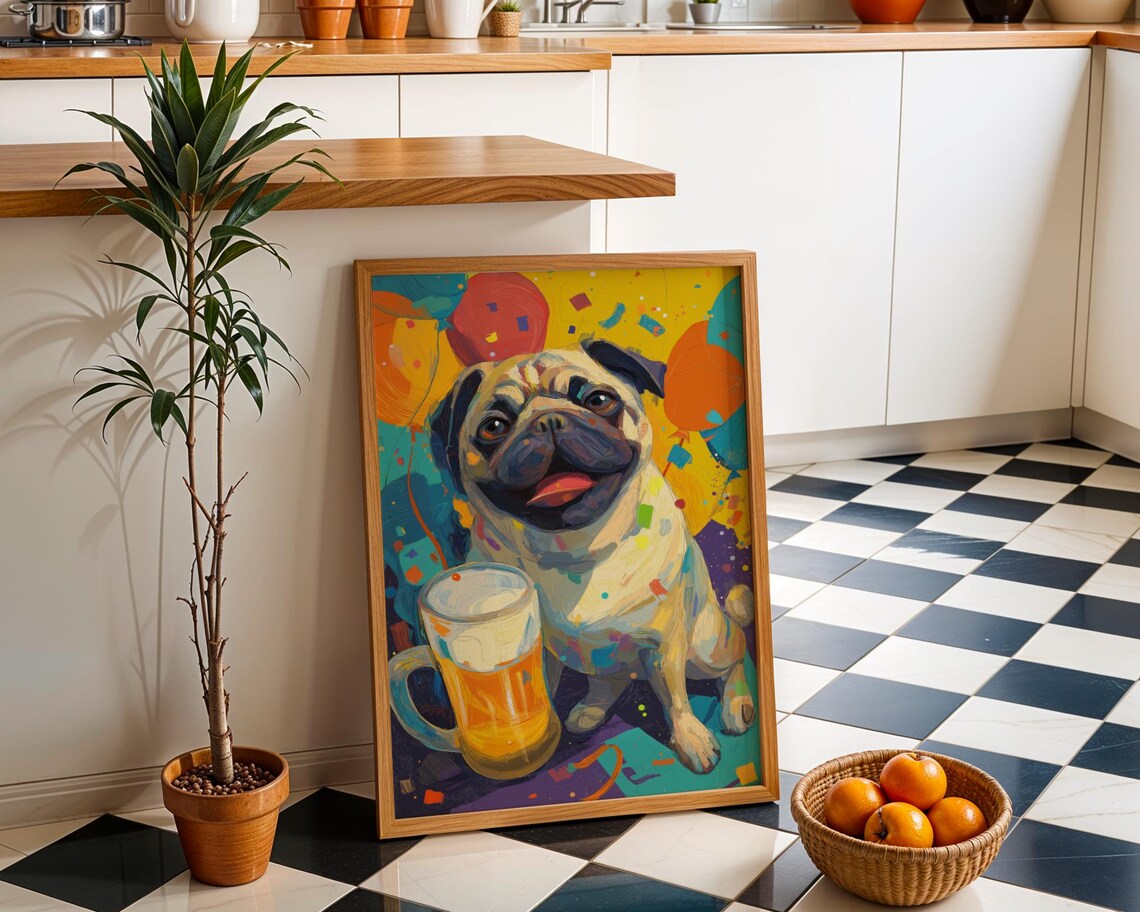 Party Pug Beer Mug Happy Confetti Colorful Dog Portrait Poster