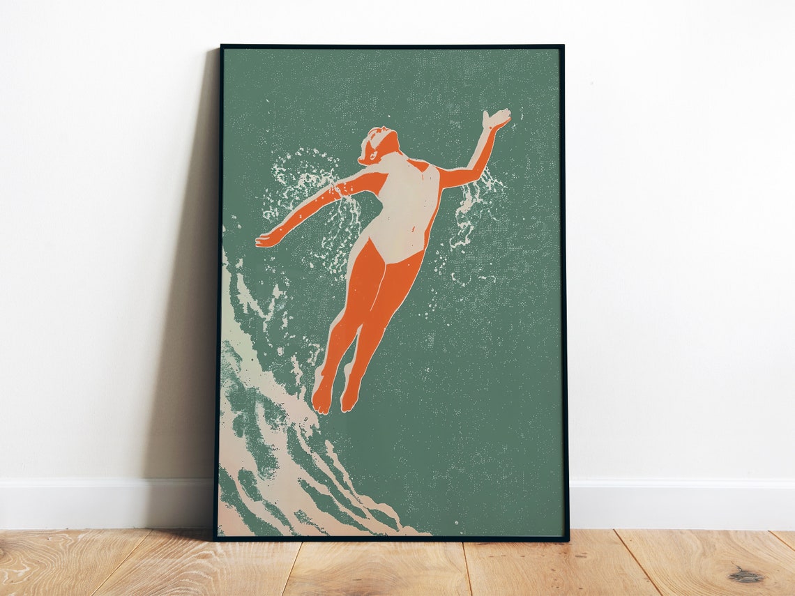 Retro Swimmer Diver Silhouette Teal Swimming Pool Art Poster