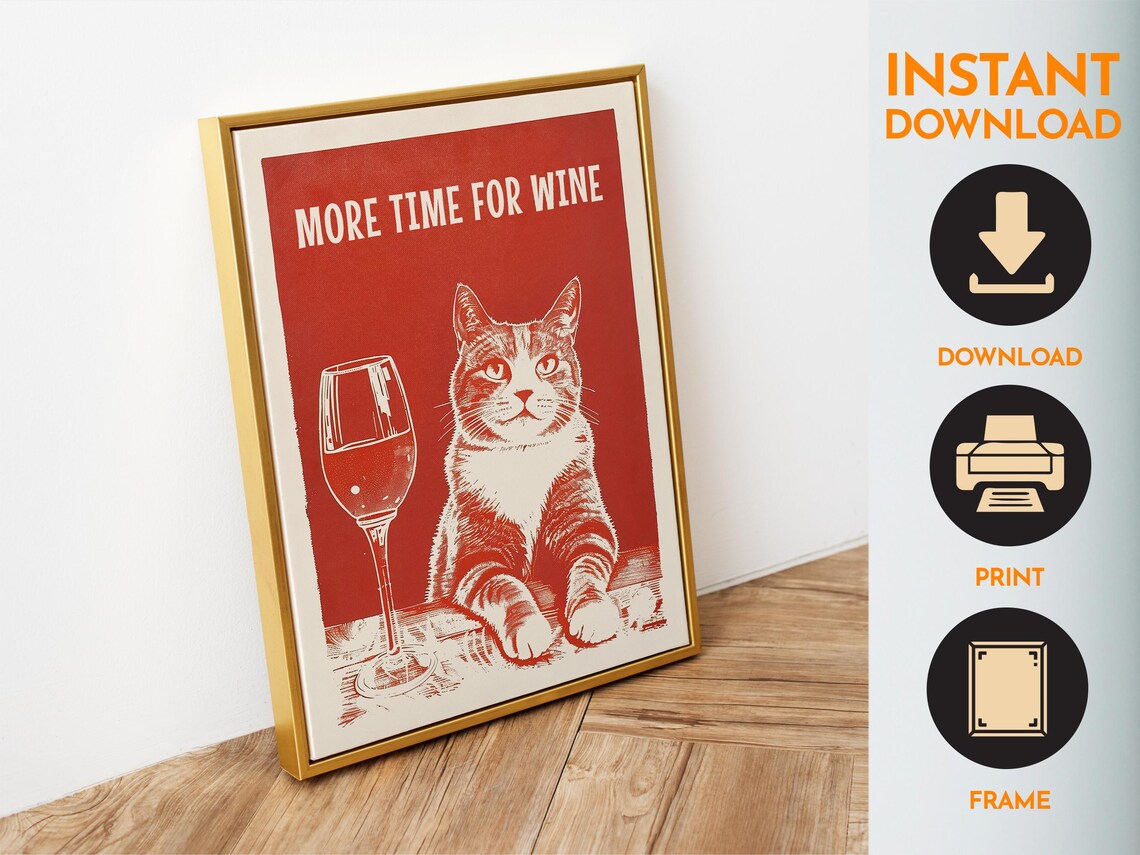 More Time For Wine Funny Tabby Cat With Glass Red Retro Kitchen Poster - Image 6