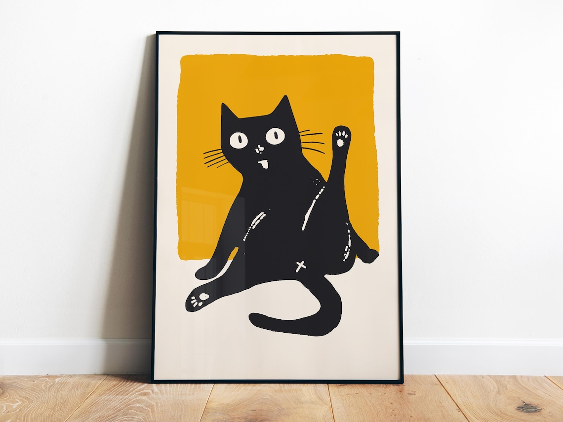 Funny Cat Bathroom Wall Art Print, Minimalist Cat