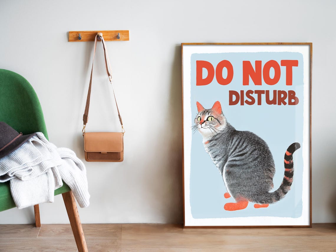 Do Not Disturb Grumpy Tabby Cat Blue Minimalist Funny Cat Poster - Image 5