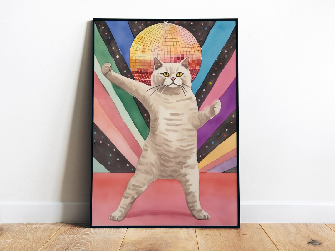 Disco Cat Funny Poster, Trendy Cat Watercolor