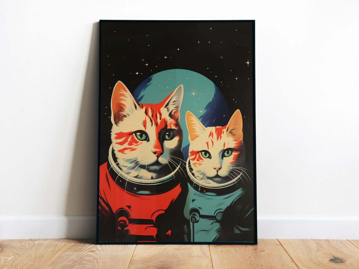 Space Cats Astronaut Kittens Retro Vintage Sci Fi Planet Art Poster