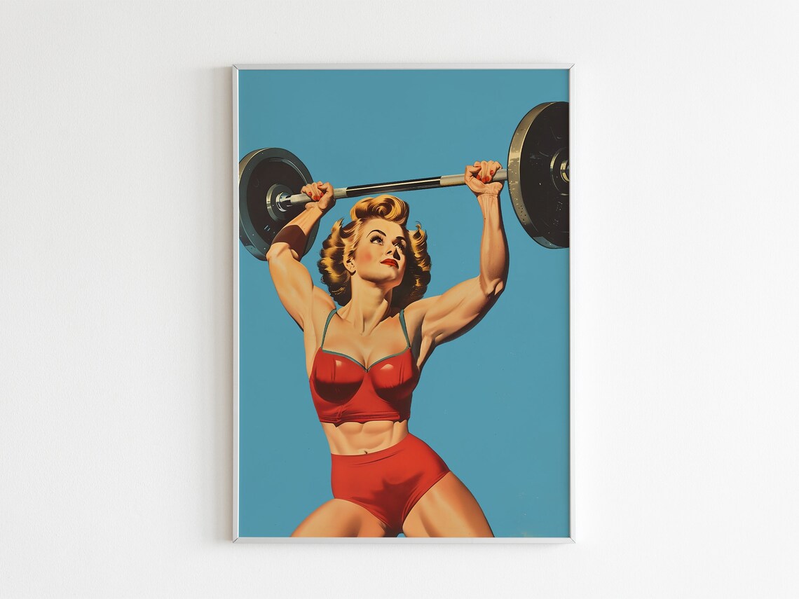 Retro Gym Poster Home Gym Wall Art Female Gym Print Heavy Lifting Art Blue Workout Print Retro Posters Fitness Art Print - Image 2