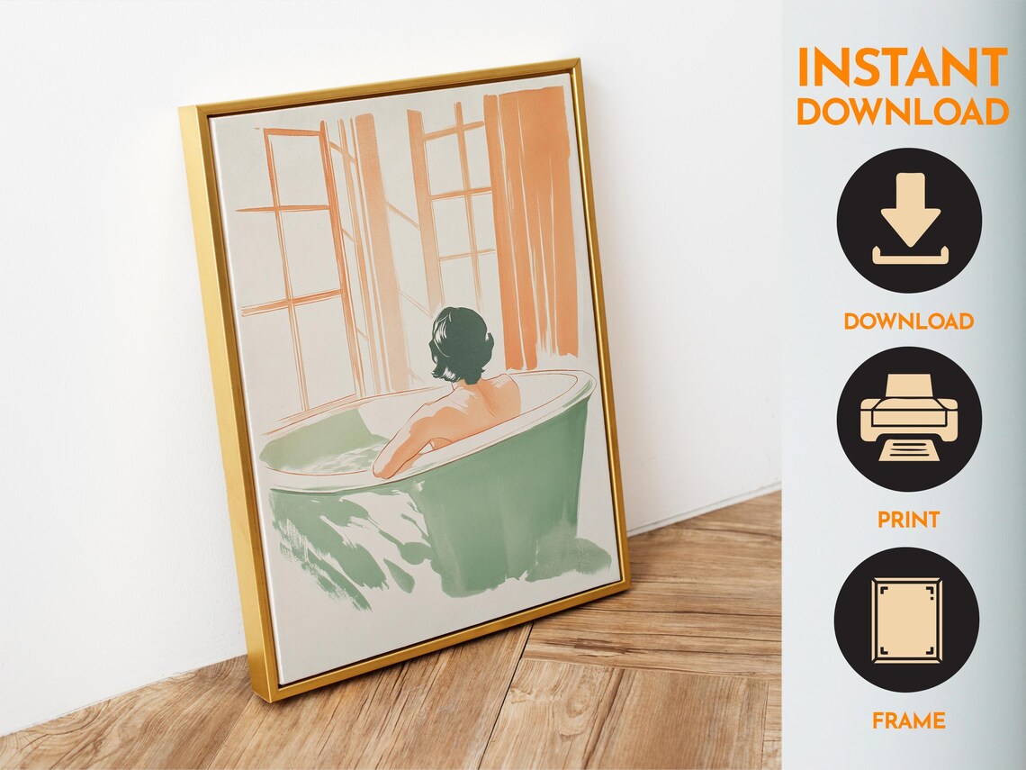 Woman Relaxing In Bathtub Sage Green Watercolor Self Care Poster - Image 6