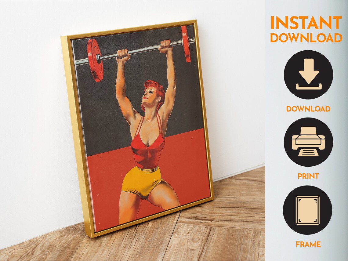 Retro Bodybuilder Woman Barbell Press Red Vintage Gym Fitness Poster - Image 4