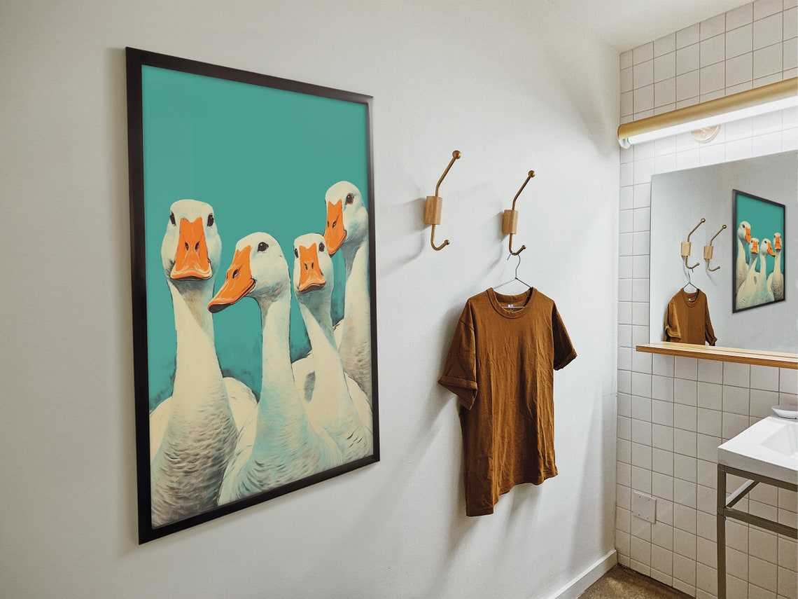 Silly Curious Geese Staring Close Up Group Portrait Teal Bird Poster - Image 4