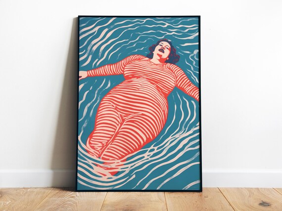 Floating Woman In Striped Red Swimsuit Retro Pool Art Poster