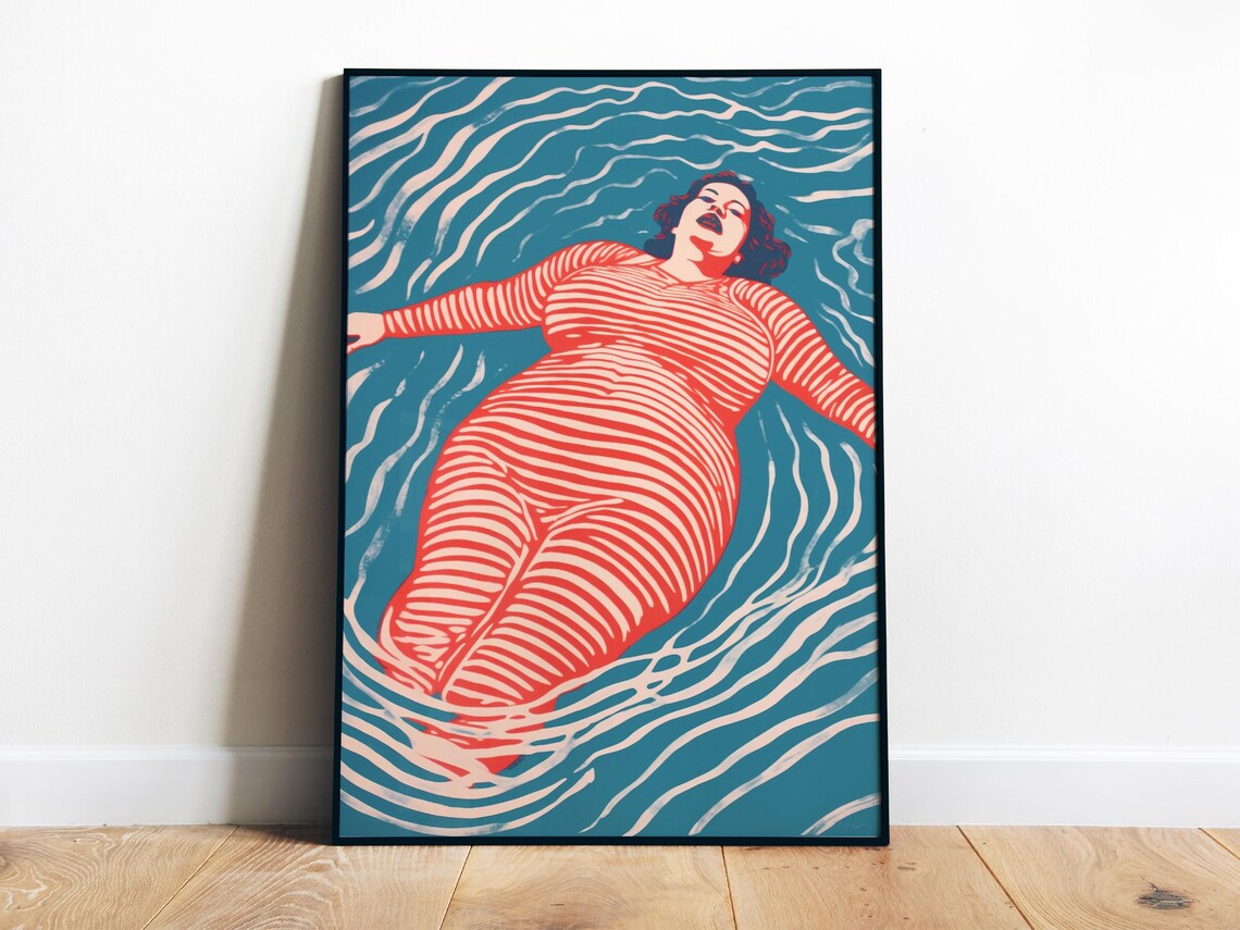 Floating Woman In Striped Red Swimsuit Retro Pool Art Poster