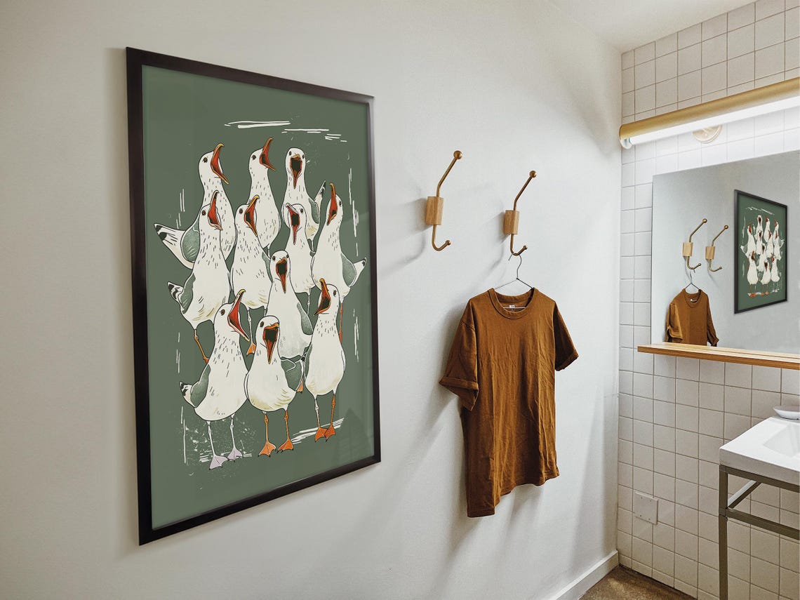 Squawking Seagulls Flock Funny Olive Green Bird Comedy Art Poster - Image 2