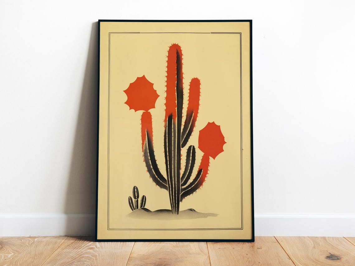 Minimalist Blooming Cactus Botanical Line Art Red Desert Poster