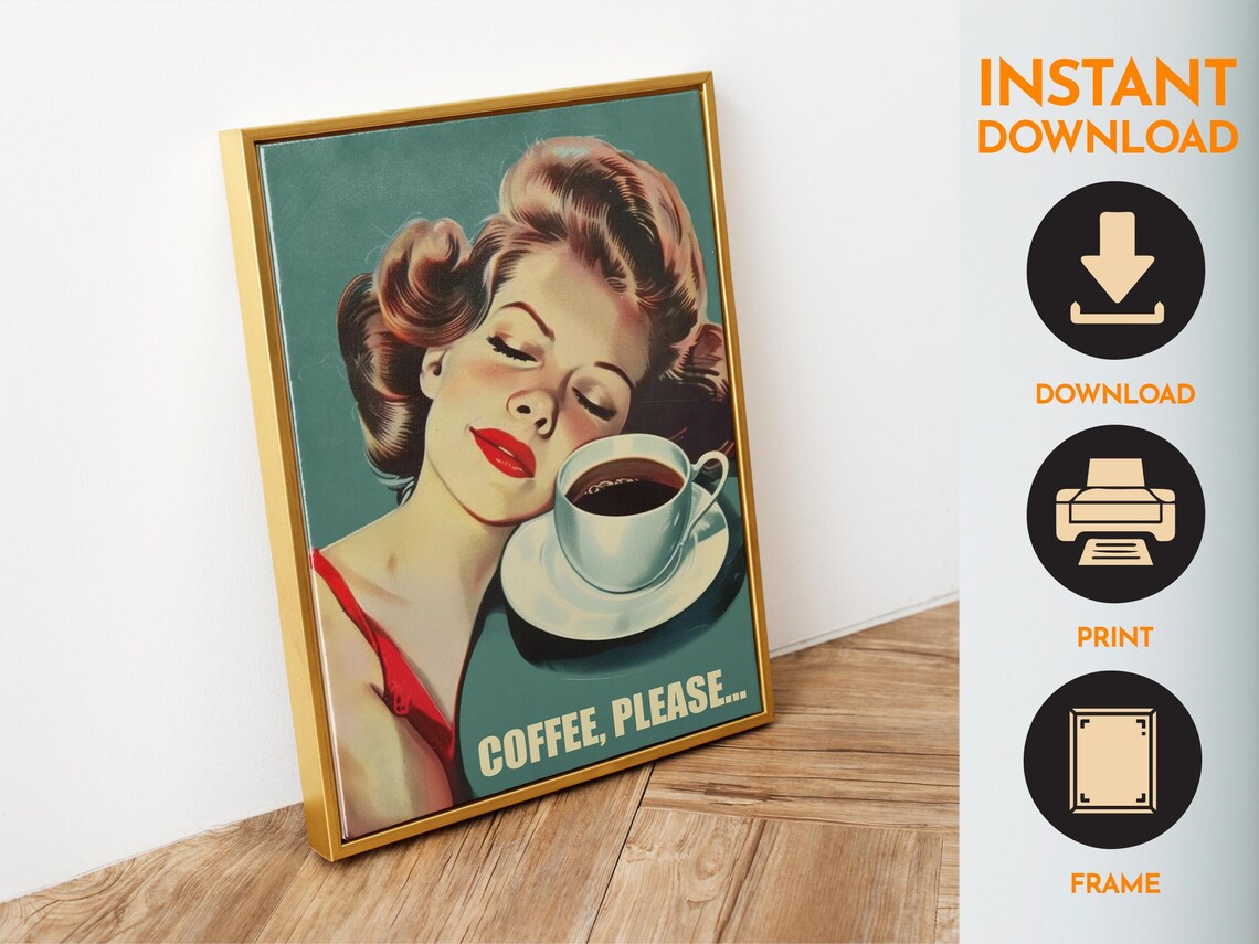 Coffee Please Retro Pinup Woman Dreamy Teal Kitchen Wall Poster - Image 6