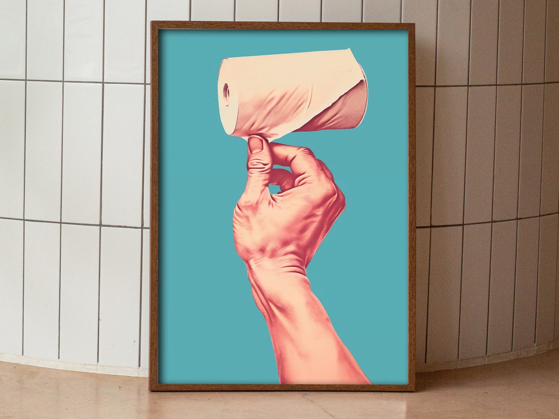 Funny Bathroom Wall Art Cute Bathroom Print Funny Poster Toilet Print Paper Roll Toilet Poster Hand Of God Print Blue And Pink Print - Image 3