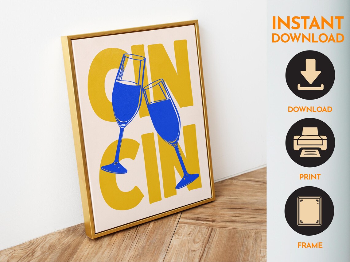 Cin Cin Cheers Clinking Wine Glasses Bold Blue Yellow Party Poster - Image 6