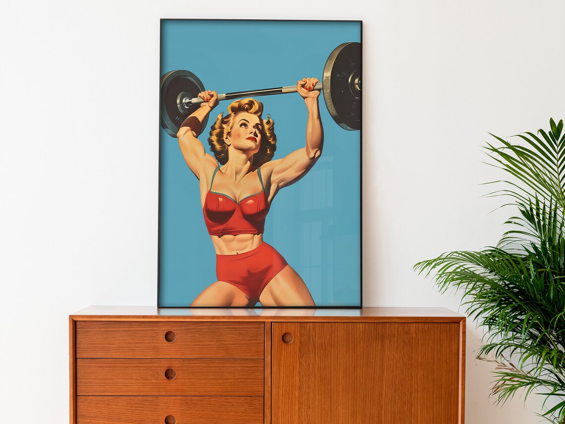 Retro Gym Poster Home Gym Wall Art Female Gym Print Heavy Lifting Art Blue Workout Print Retro Posters Fitness Art Print - Image 4