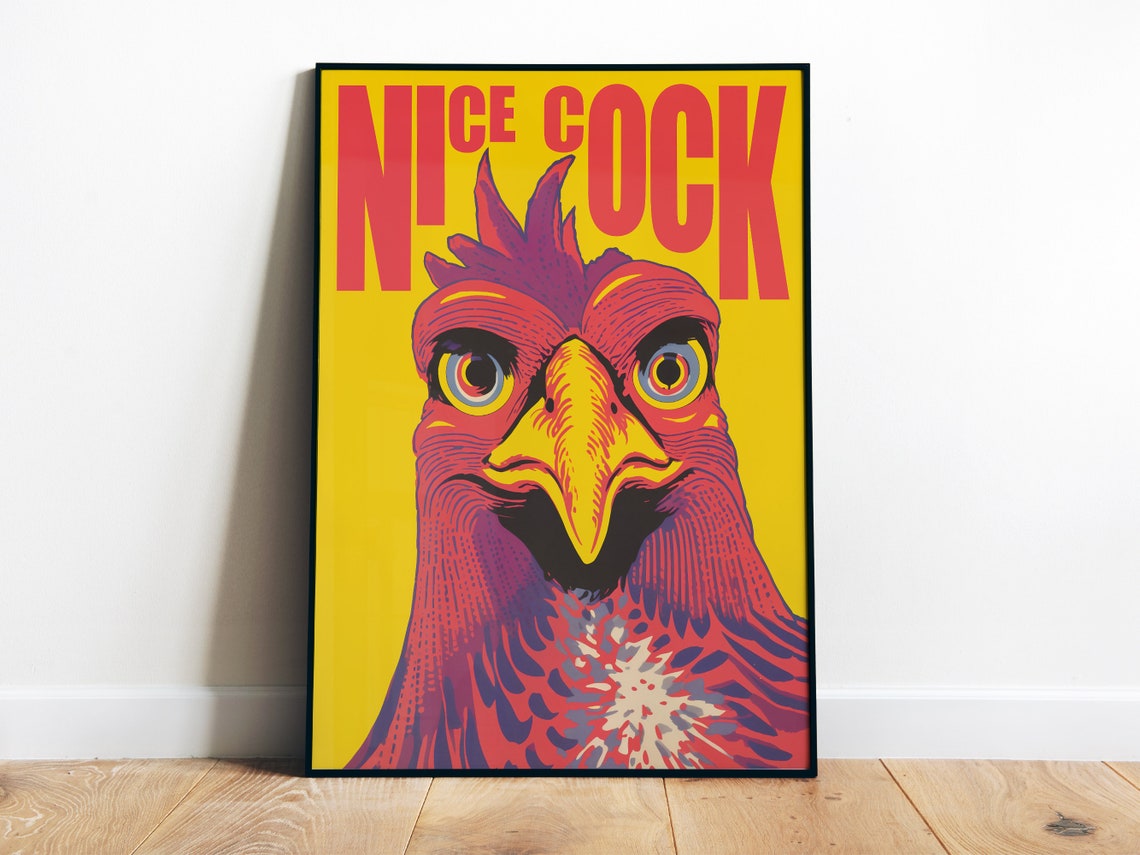 Nice Cock Funny Rooster Portrait Yellow Pop Art Bathroom Poster