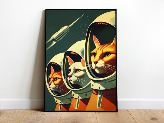 Retro Space Cats Astronaut Poster, Soviet Space Art