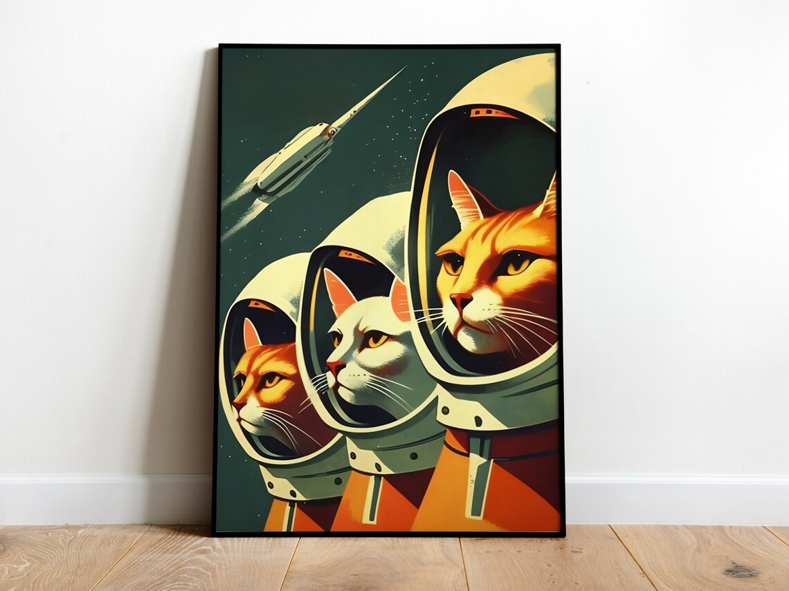 Retro Space Cats Astronaut Poster, Soviet Space Art