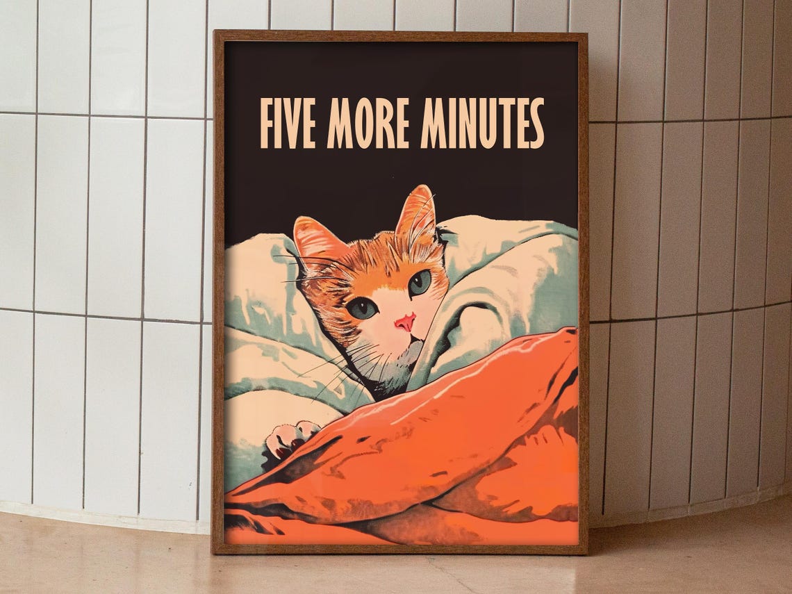 Five More Minutes Sleepy Orange Cat In Blankets Retro Bed Poster - Image 2