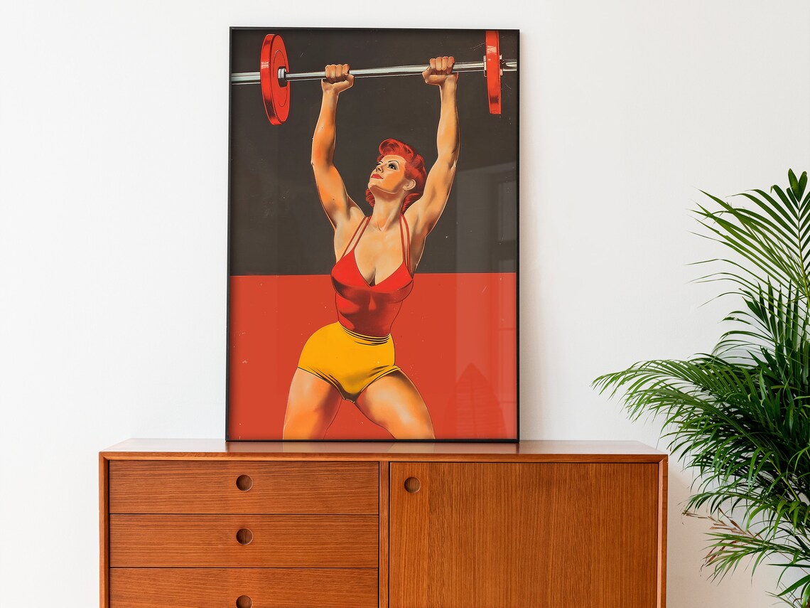 Retro Bodybuilder Woman Barbell Press Red Vintage Gym Fitness Poster - Image 2