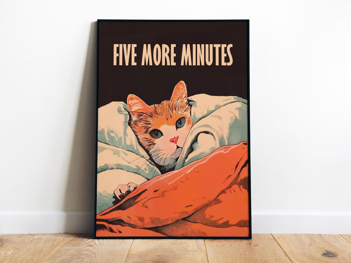 Five More Minutes Sleepy Orange Cat In Blankets Retro Bed Poster