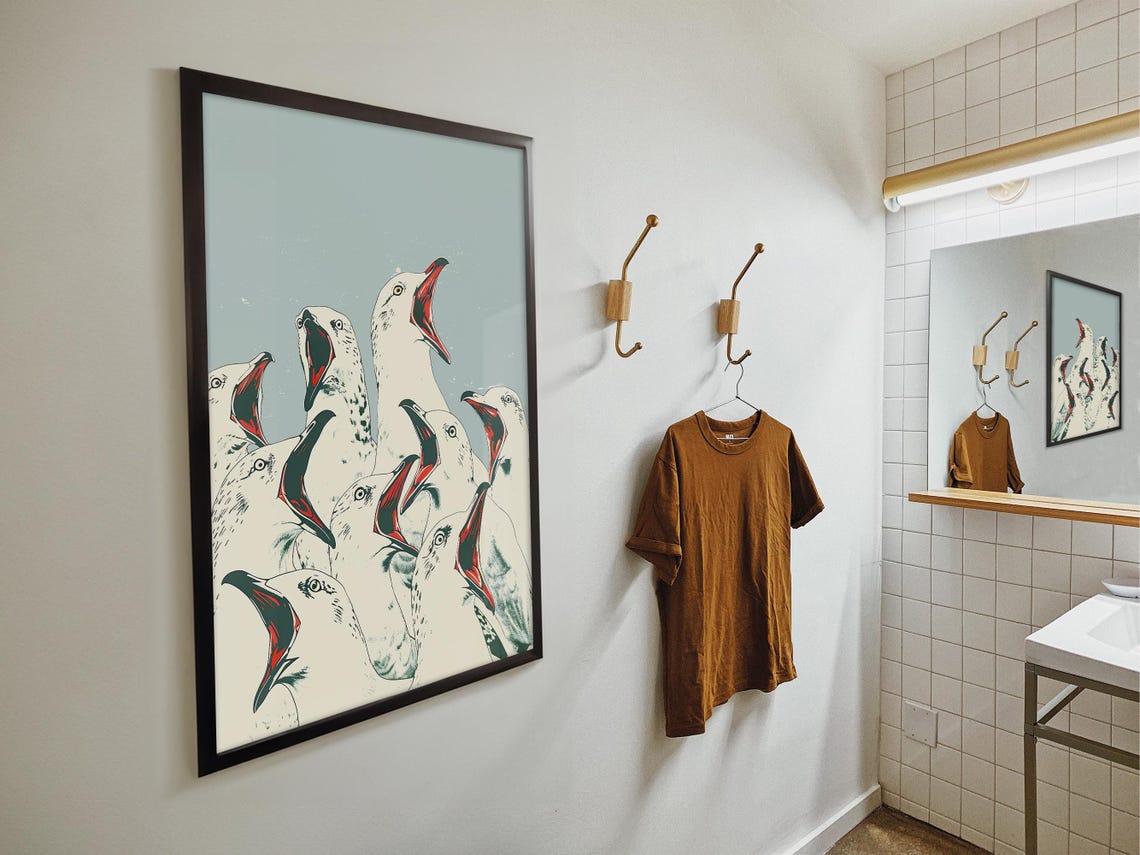 Screaming Seagulls Funny Graphic Bird Illustration Bathroom Poster - Image 3