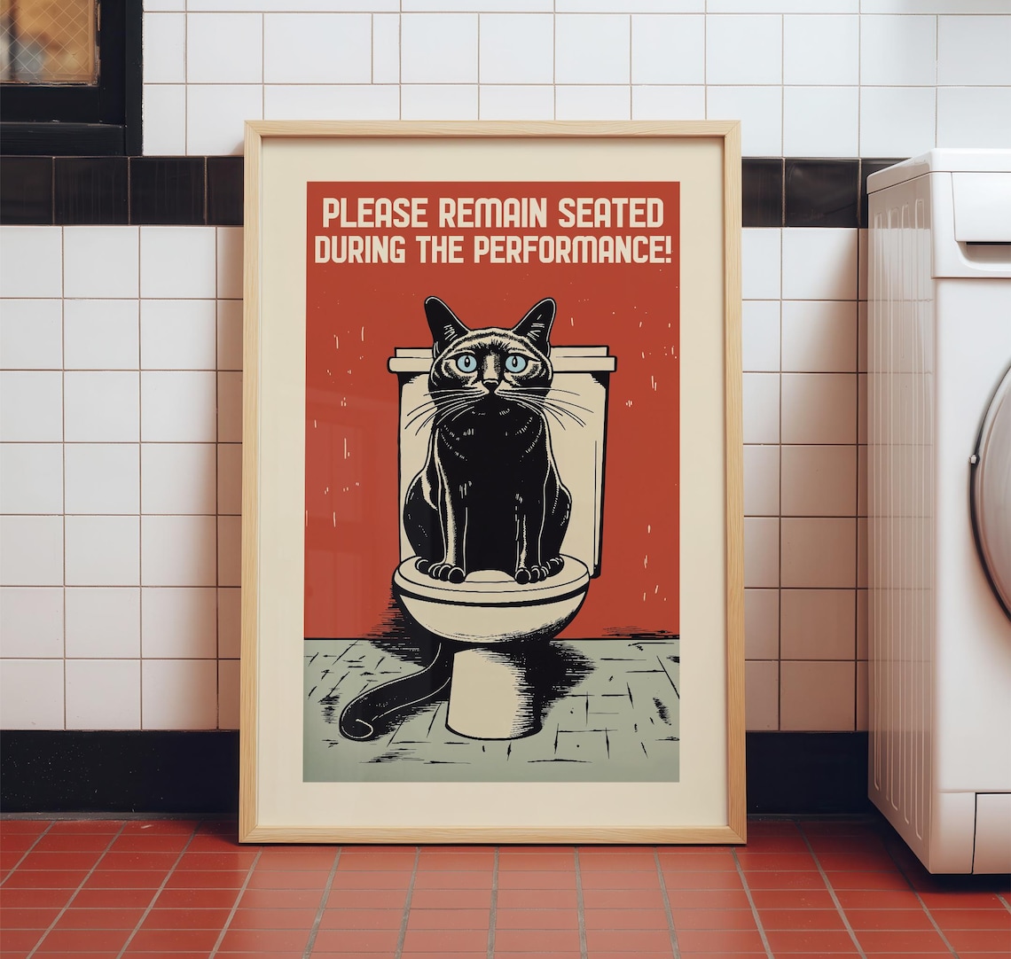 Black Cat On Toilet, Funny Bathroom Poster