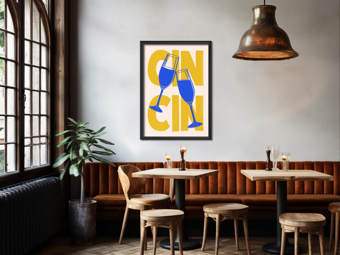 Cin Cin Cheers Clinking Wine Glasses Bold Blue Yellow Party Poster - Image 4