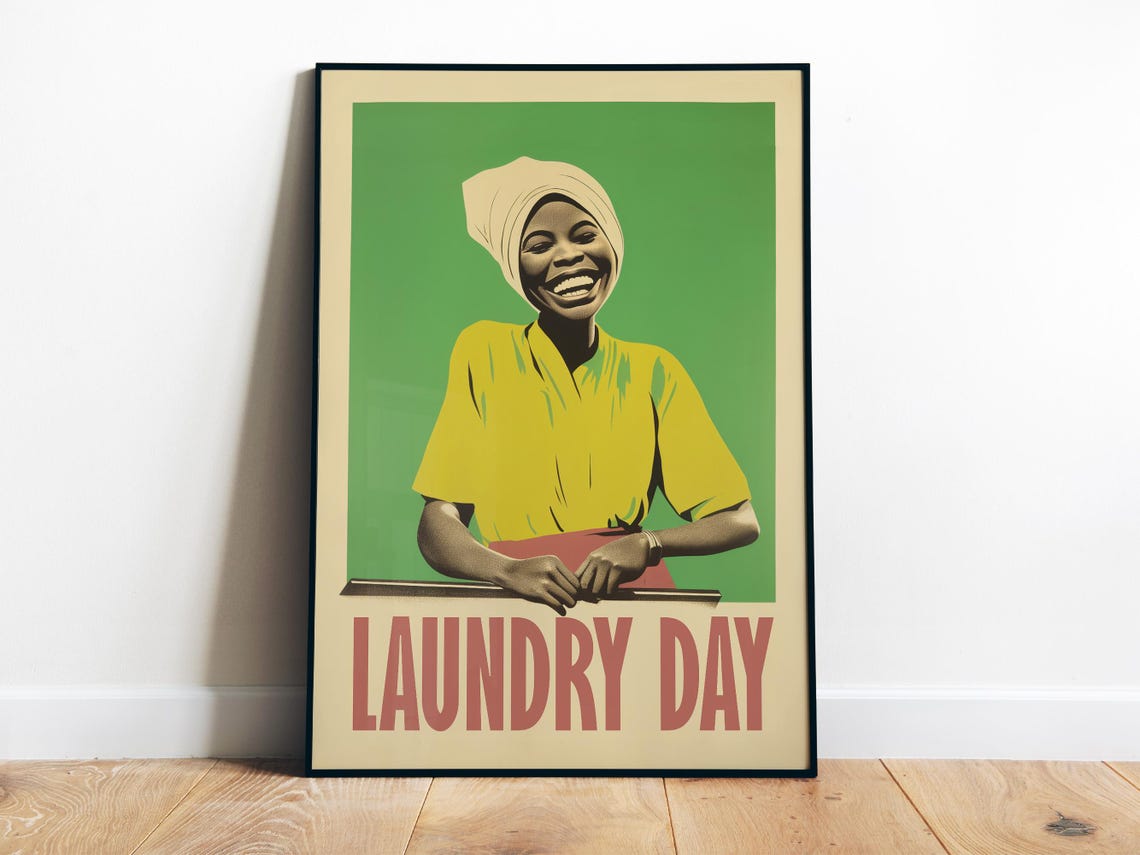 Laundry Day Smiling Retro Woman Green Vintage Laundry Room Poster