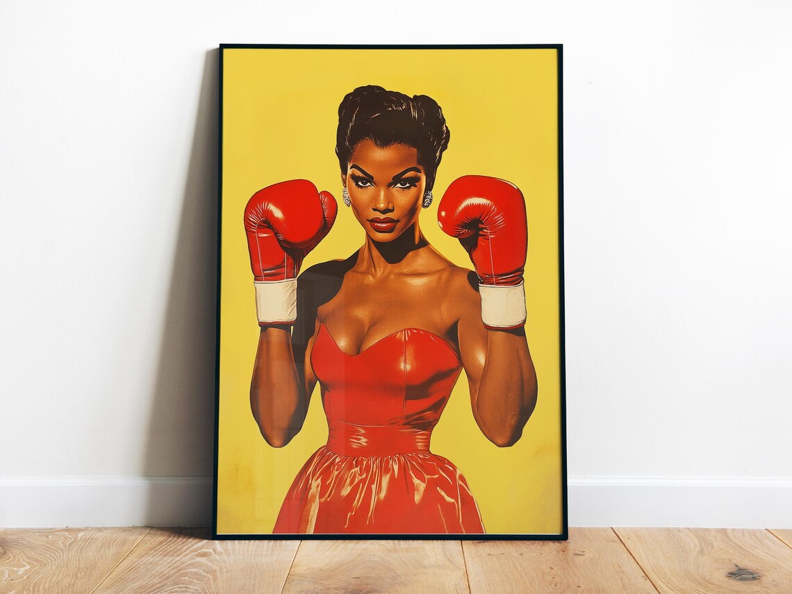 Female Boxer Retro Print, Black Women Gym Art