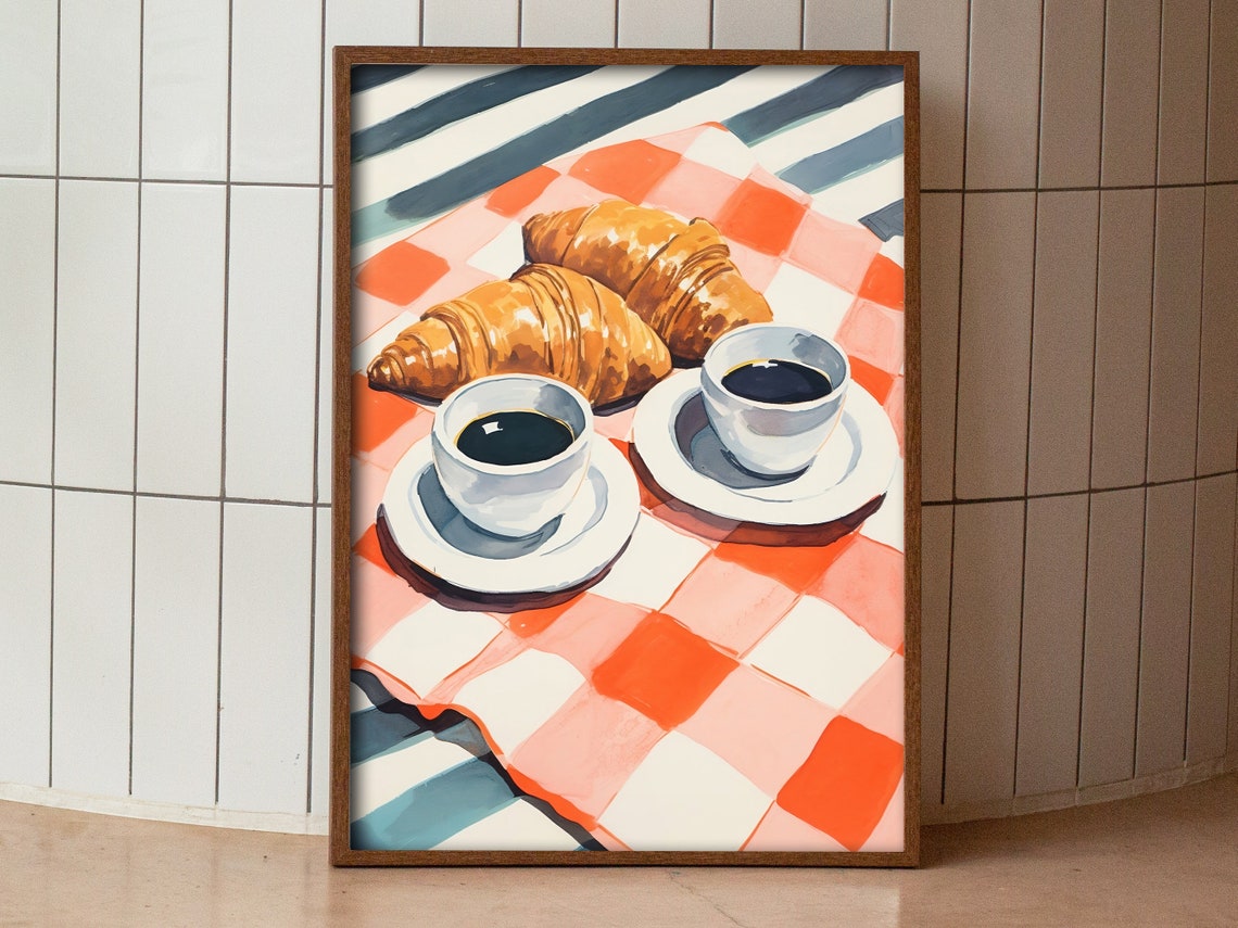 Retro Croissant and Coffee Breakfast Checkered Cloth Kitchen Poster - Image 2