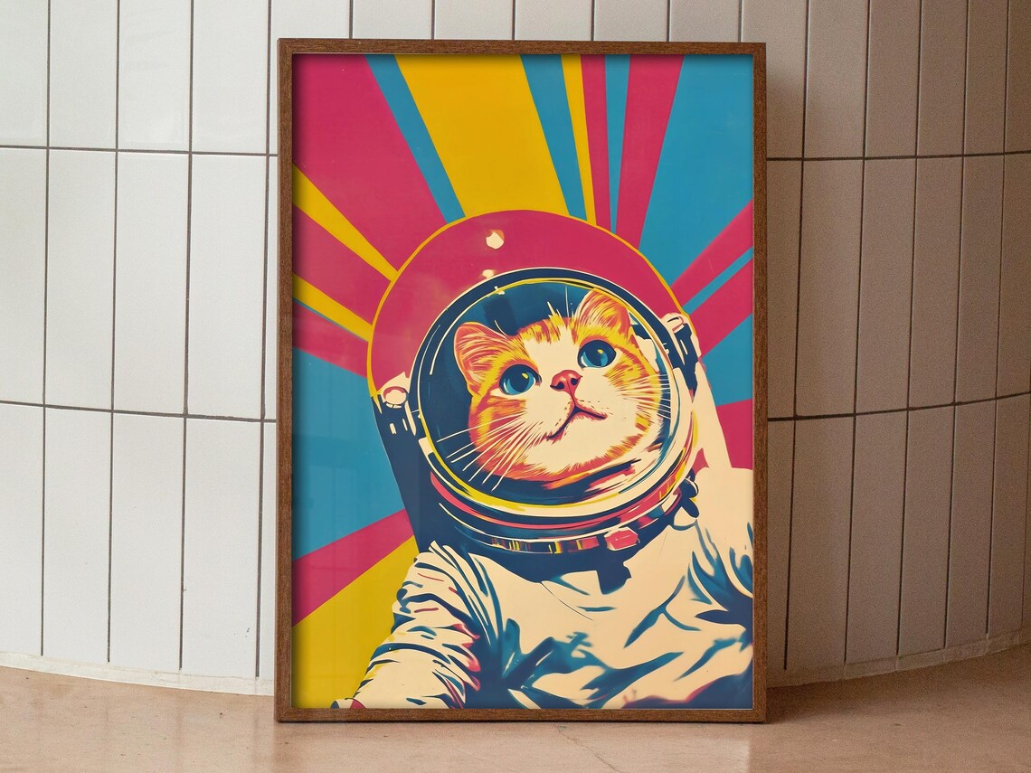 Astronaut Cat In Spacesuit Pop Art Retro Colorful Cosmic Sunburst Poster - Image 2