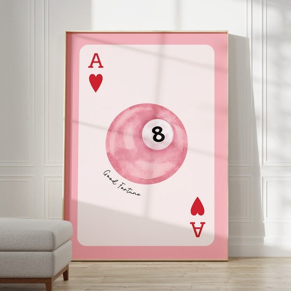 Vintage Pool Ball Print Playing Card Lucky 8 Wall Art Retro Hand Drawn Poster Cute Pink Trendy Prints