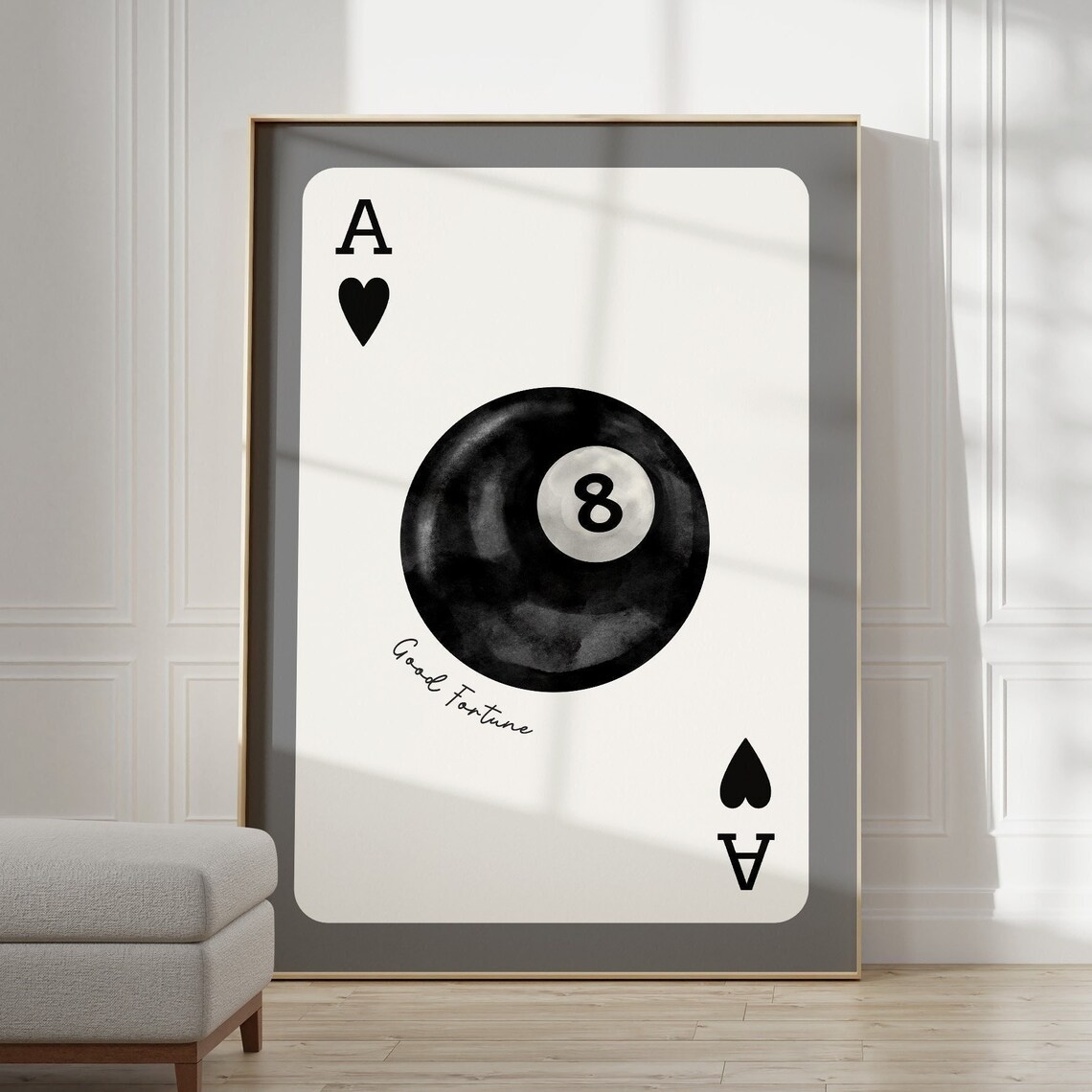 Black Lucky 8 Ball Pool Ace of Hearts Card Monochrome Art Print