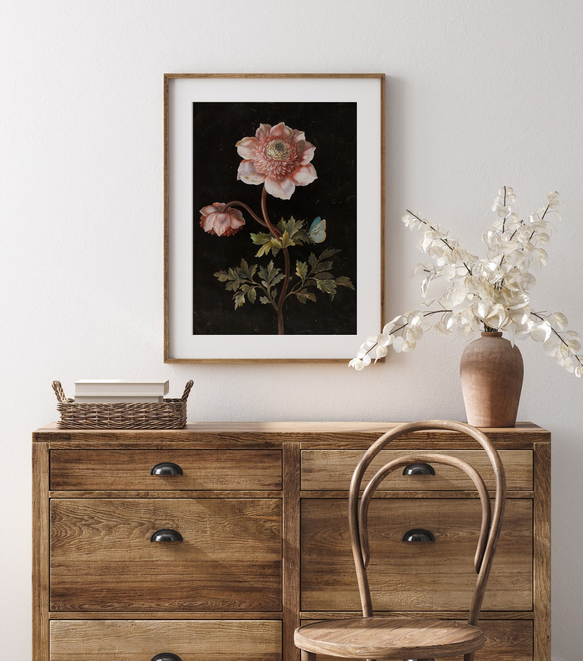 Pink Ranunculus And Blue Butterfly Vintage Botanical Flower Art Print - Image 2